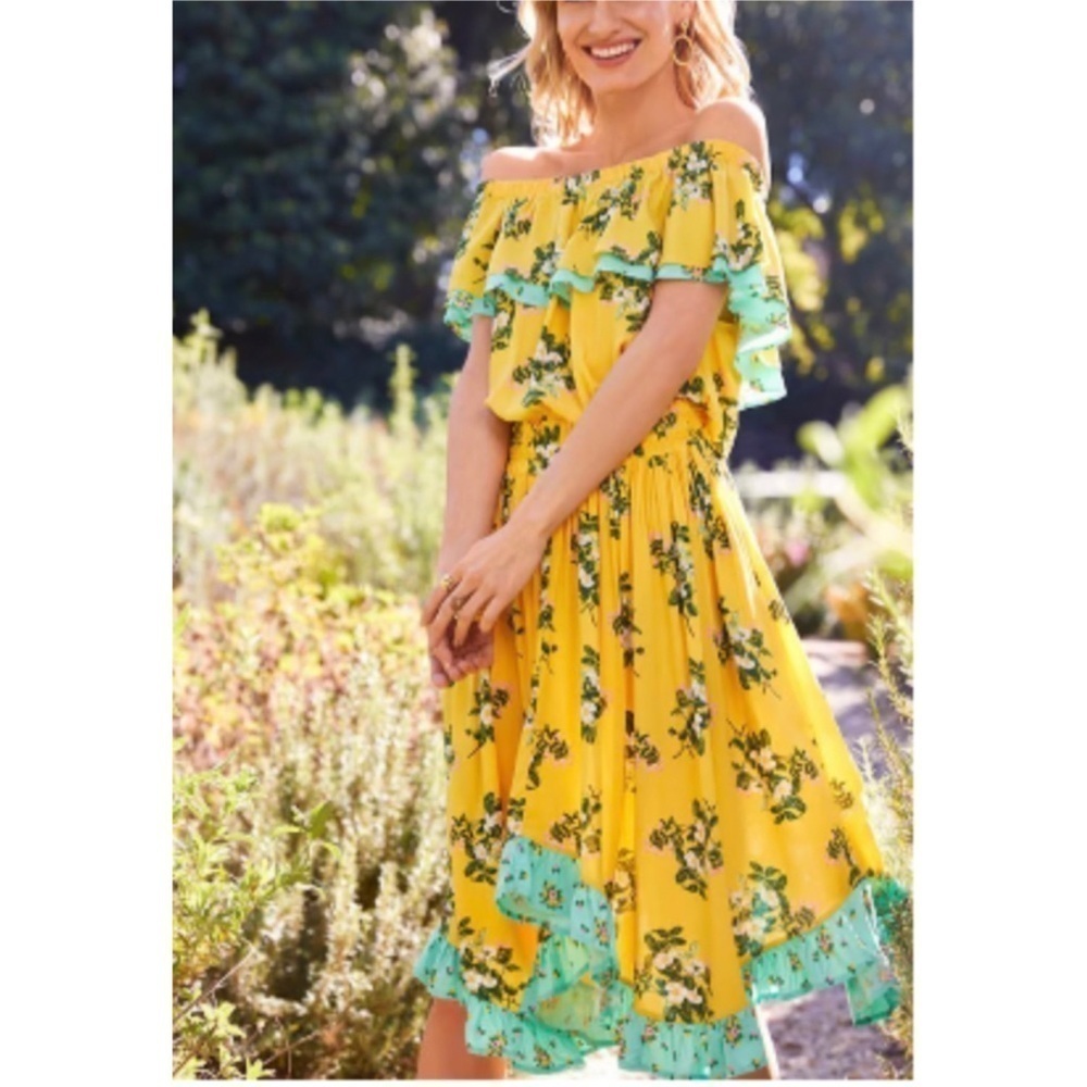 Matilda Jane Yellow Floral Off The Shoulder Boho Midi Dress Sz XS